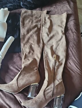 Brown Over-the-Knee Suede-Look Boots with Clear Block Heel